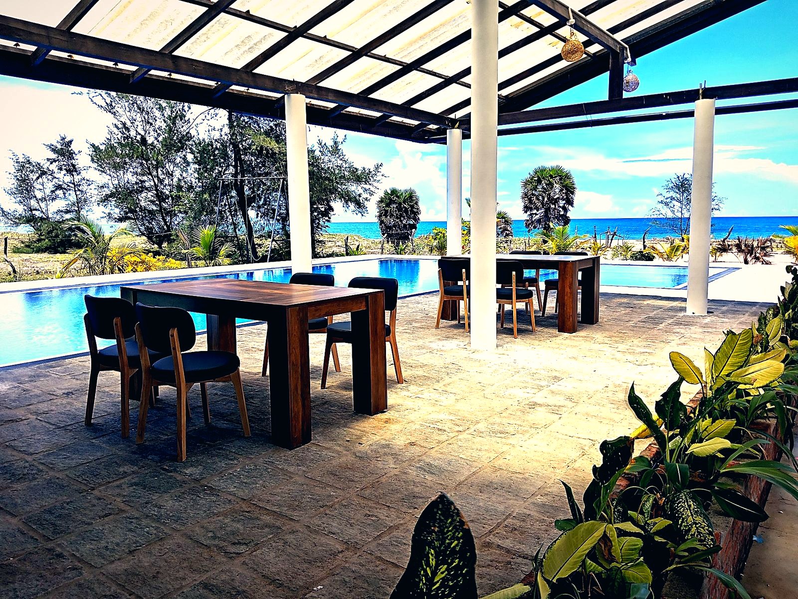 Open-air games lounge with pool table