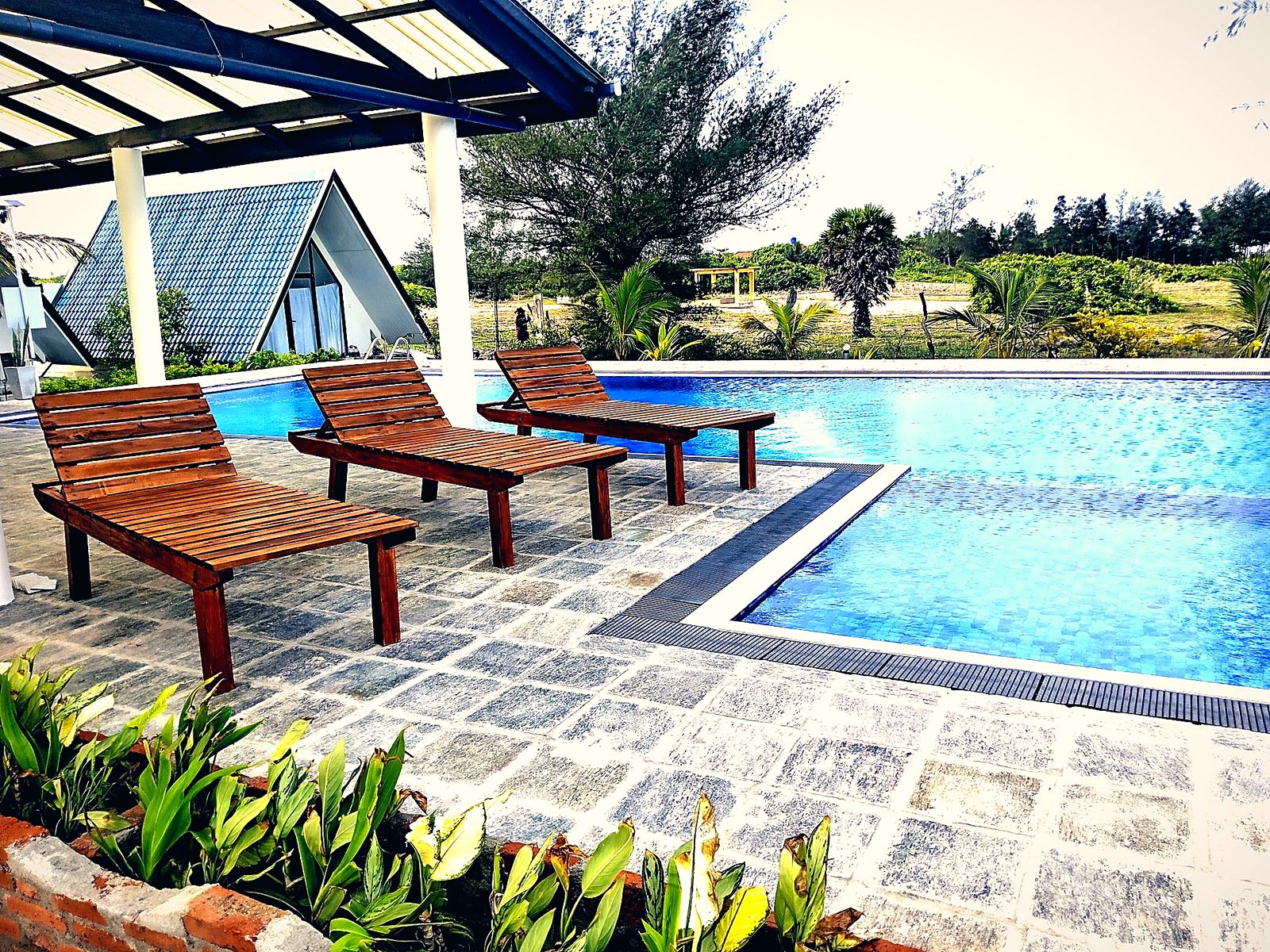Infinity pool and villas in afternoon light